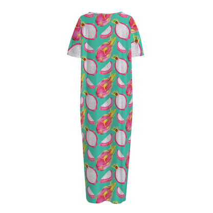 Hand Drawn Dragon Fruit Pattern Print Short Sleeve Long Nightdress