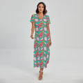 Hand Drawn Dragon Fruit Pattern Print Short Sleeve Maxi Dress