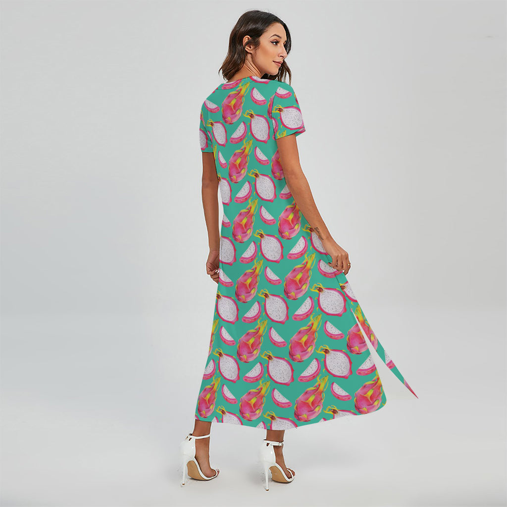 Hand Drawn Dragon Fruit Pattern Print Short Sleeve Maxi Dress