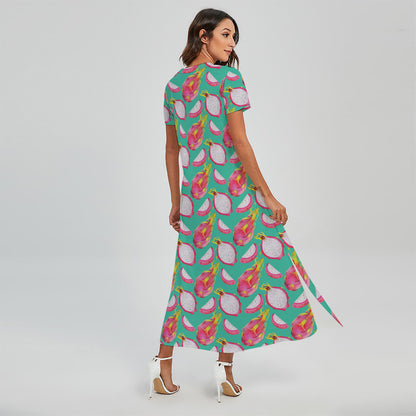 Hand Drawn Dragon Fruit Pattern Print Short Sleeve Maxi Dress