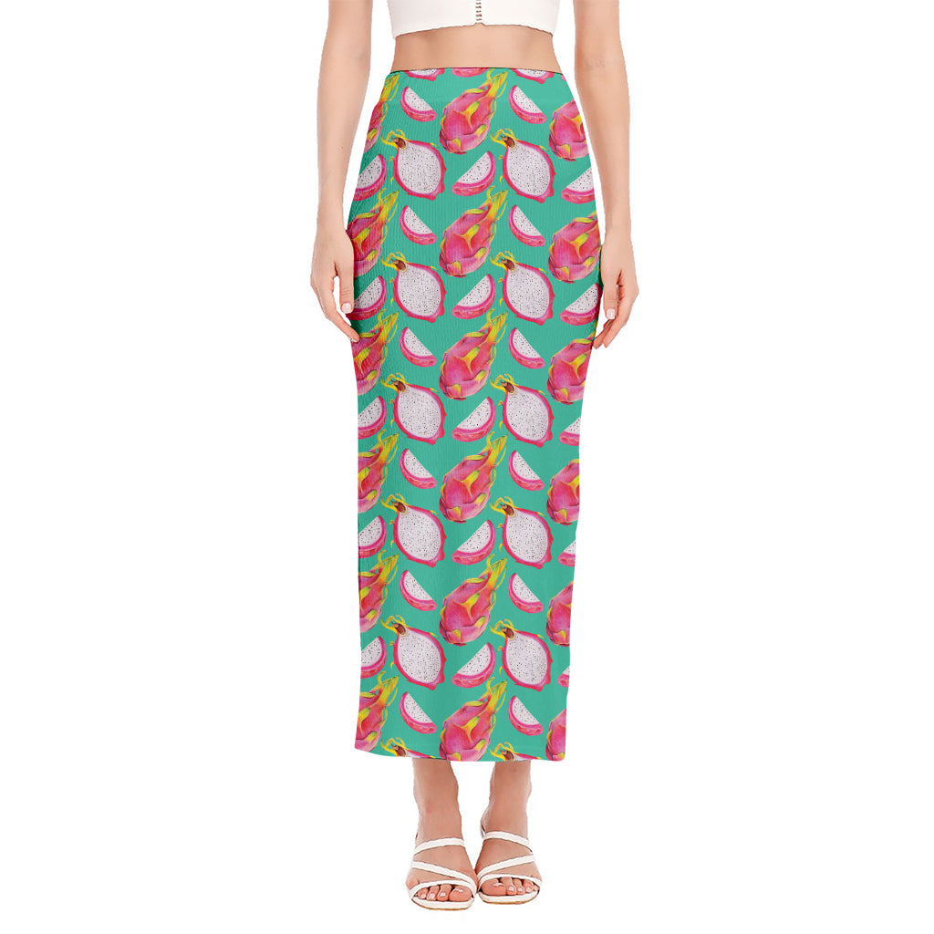 Hand Drawn Dragon Fruit Pattern Print Side Slit Maxi Skirt
