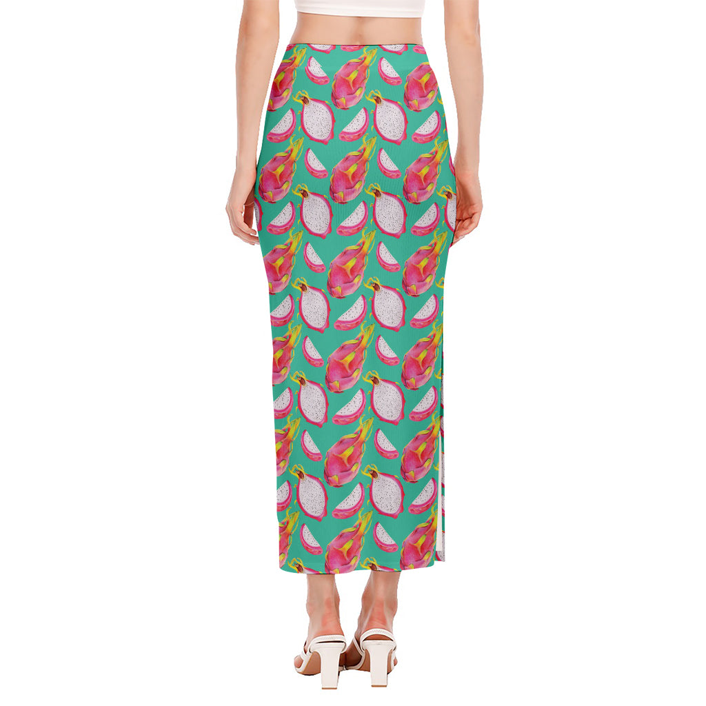 Hand Drawn Dragon Fruit Pattern Print Side Slit Maxi Skirt