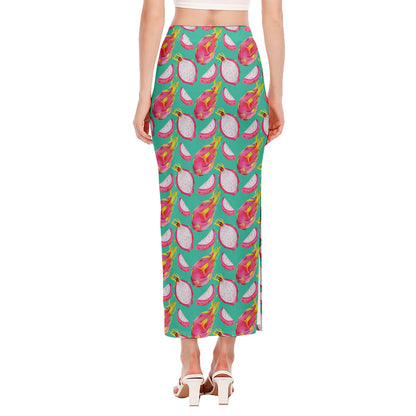 Hand Drawn Dragon Fruit Pattern Print Side Slit Maxi Skirt