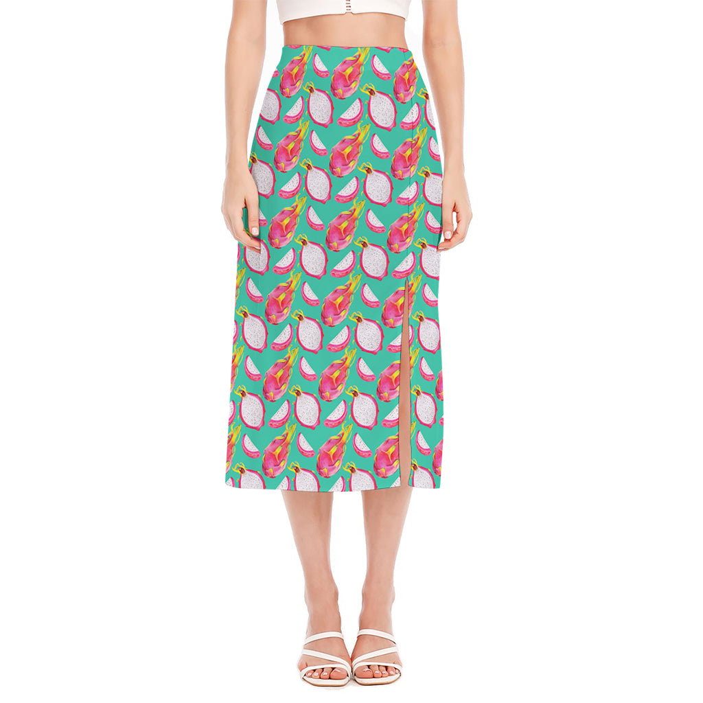 Hand Drawn Dragon Fruit Pattern Print Side Slit Midi Skirt