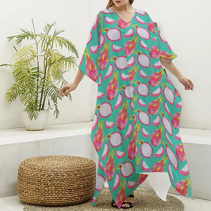 Hand Drawn Dragon Fruit Pattern Print Silk V-Neck Kaftan Dress
