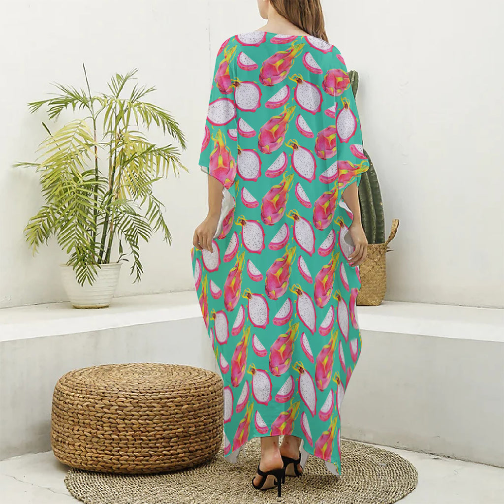 Hand Drawn Dragon Fruit Pattern Print Silk V-Neck Kaftan Dress