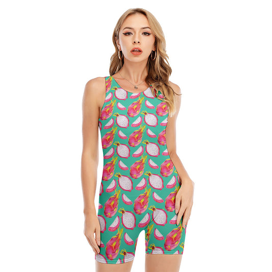 Hand Drawn Dragon Fruit Pattern Print Sleeveless One Piece Swimsuit
