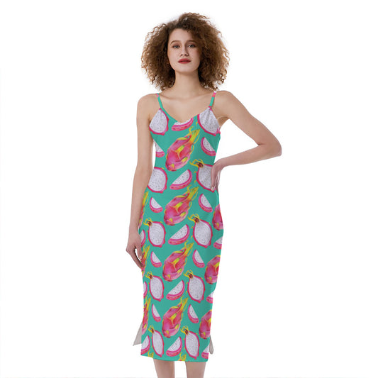 Hand Drawn Dragon Fruit Pattern Print Slim Fit Midi Cami Dress