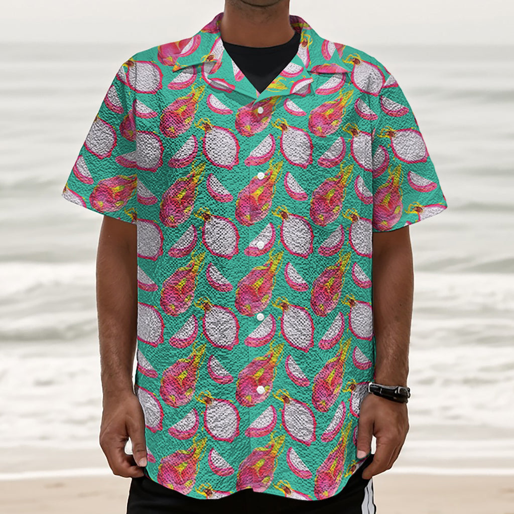 Hand Drawn Dragon Fruit Pattern Print Textured Short Sleeve Shirt