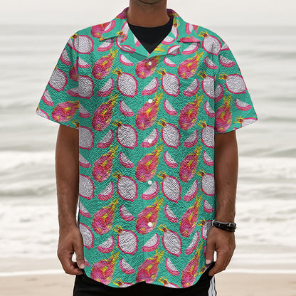 Hand Drawn Dragon Fruit Pattern Print Textured Short Sleeve Shirt