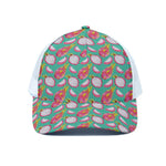 Hand Drawn Dragon Fruit Pattern Print White Mesh Trucker Cap