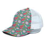 Hand Drawn Dragon Fruit Pattern Print White Mesh Trucker Cap