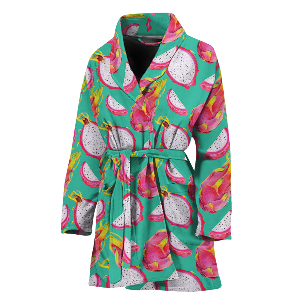 Hand Drawn Dragon Fruit Pattern Print Women's Bathrobe