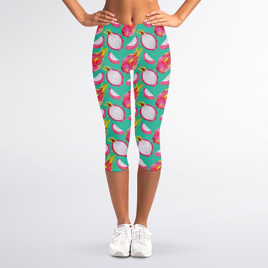 Hand Drawn Dragon Fruit Pattern Print Women's Capri Leggings