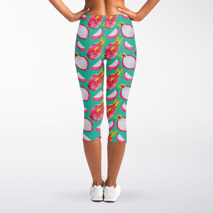 Hand Drawn Dragon Fruit Pattern Print Women's Capri Leggings