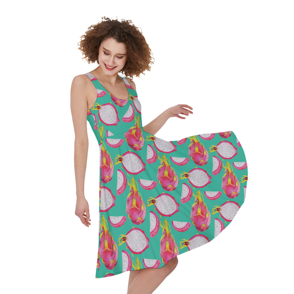 Hand Drawn Dragon Fruit Pattern Print Women's Sleeveless Dress