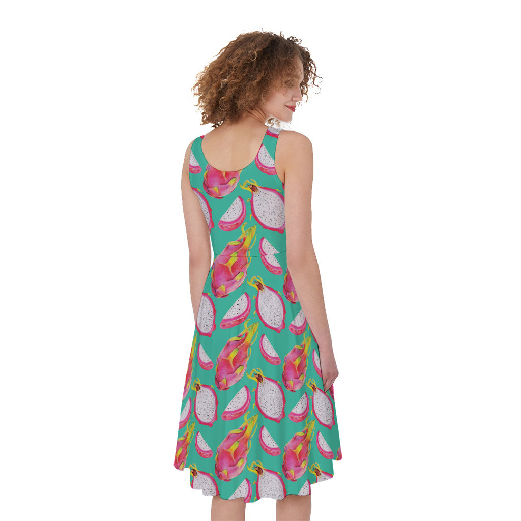Hand Drawn Dragon Fruit Pattern Print Women's Sleeveless Dress