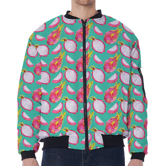 Hand Drawn Dragon Fruit Pattern Print Zip Sleeve Bomber Jacket