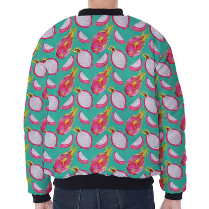 Hand Drawn Dragon Fruit Pattern Print Zip Sleeve Bomber Jacket