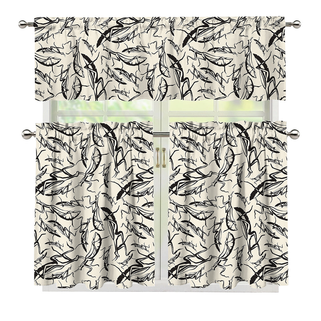Hand Drawn Mantis Pattern Print 3 Piece Kitchen Curtains