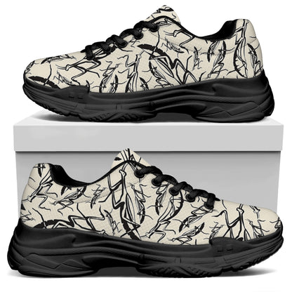 Hand Drawn Mantis Pattern Print Black Chunky Shoes