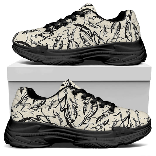 Hand Drawn Mantis Pattern Print Black Chunky Shoes