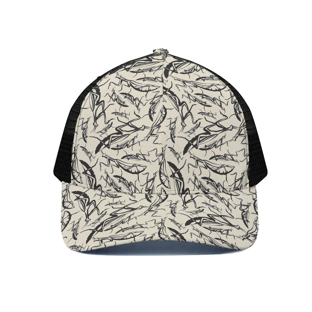 Hand Drawn Mantis Pattern Print Black Mesh Trucker Cap