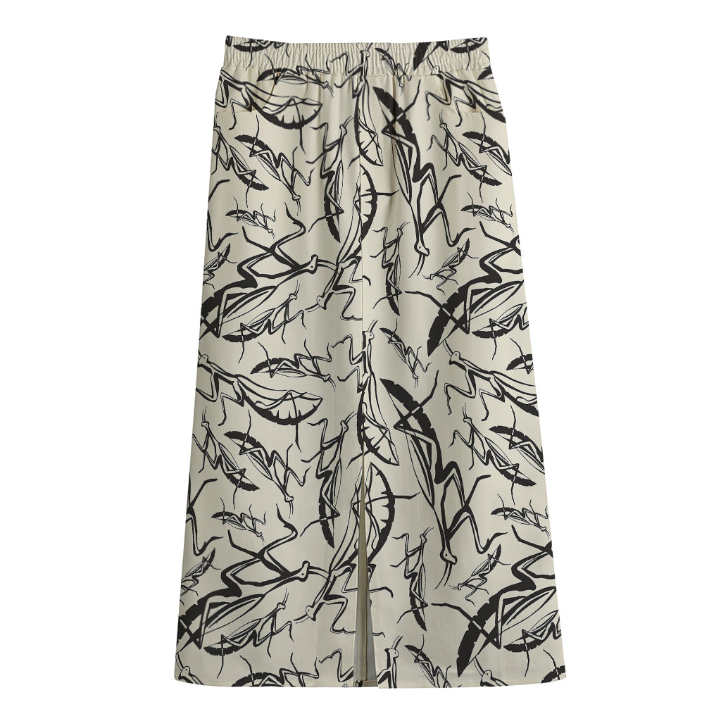 Hand Drawn Mantis Pattern Print Cotton Front Slit Maxi Skirt