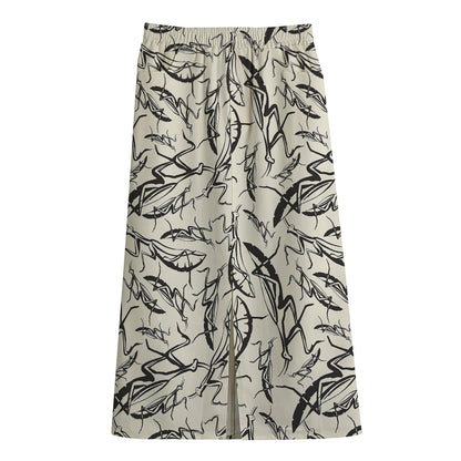 Hand Drawn Mantis Pattern Print Cotton Front Slit Maxi Skirt