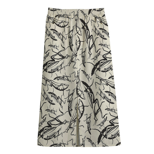 Hand Drawn Mantis Pattern Print Cotton Front Slit Maxi Skirt
