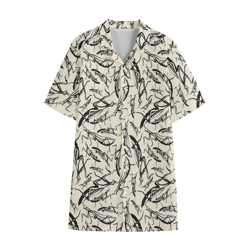 Hand Drawn Mantis Pattern Print Cotton Hawaiian Shirt
