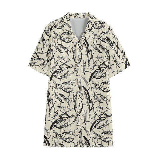 Hand Drawn Mantis Pattern Print Cotton Hawaiian Shirt