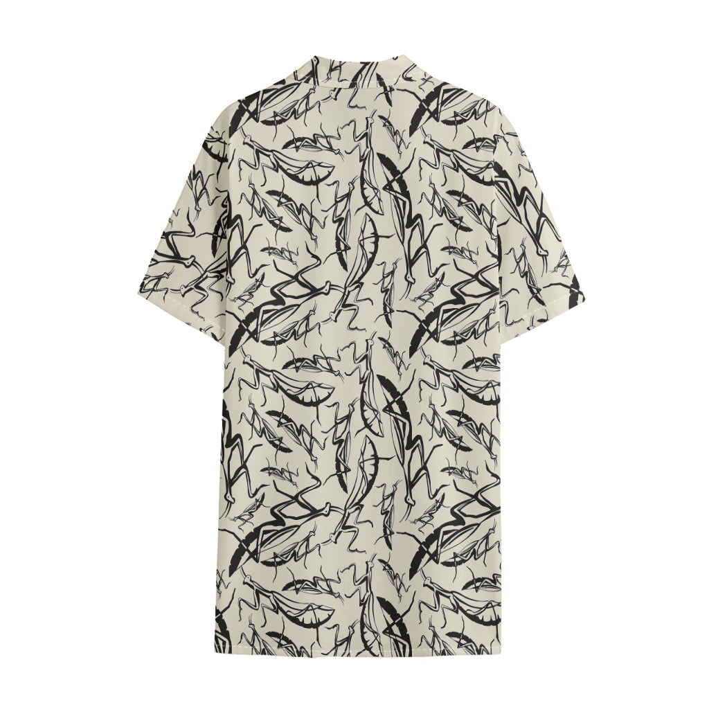 Hand Drawn Mantis Pattern Print Cotton Hawaiian Shirt