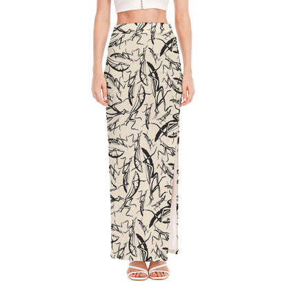 Hand Drawn Mantis Pattern Print High Slit Maxi Skirt