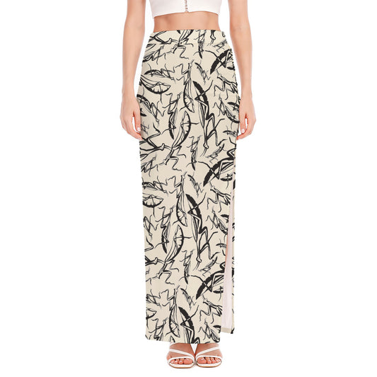 Hand Drawn Mantis Pattern Print High Slit Maxi Skirt