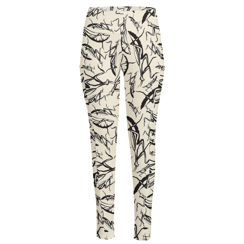 Hand Drawn Mantis Pattern Print High-Waisted Pocket Leggings