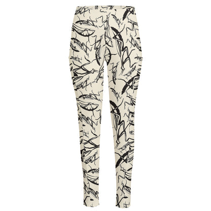 Hand Drawn Mantis Pattern Print High-Waisted Pocket Leggings