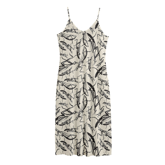 Hand Drawn Mantis Pattern Print Jersey Midi Cami Dress