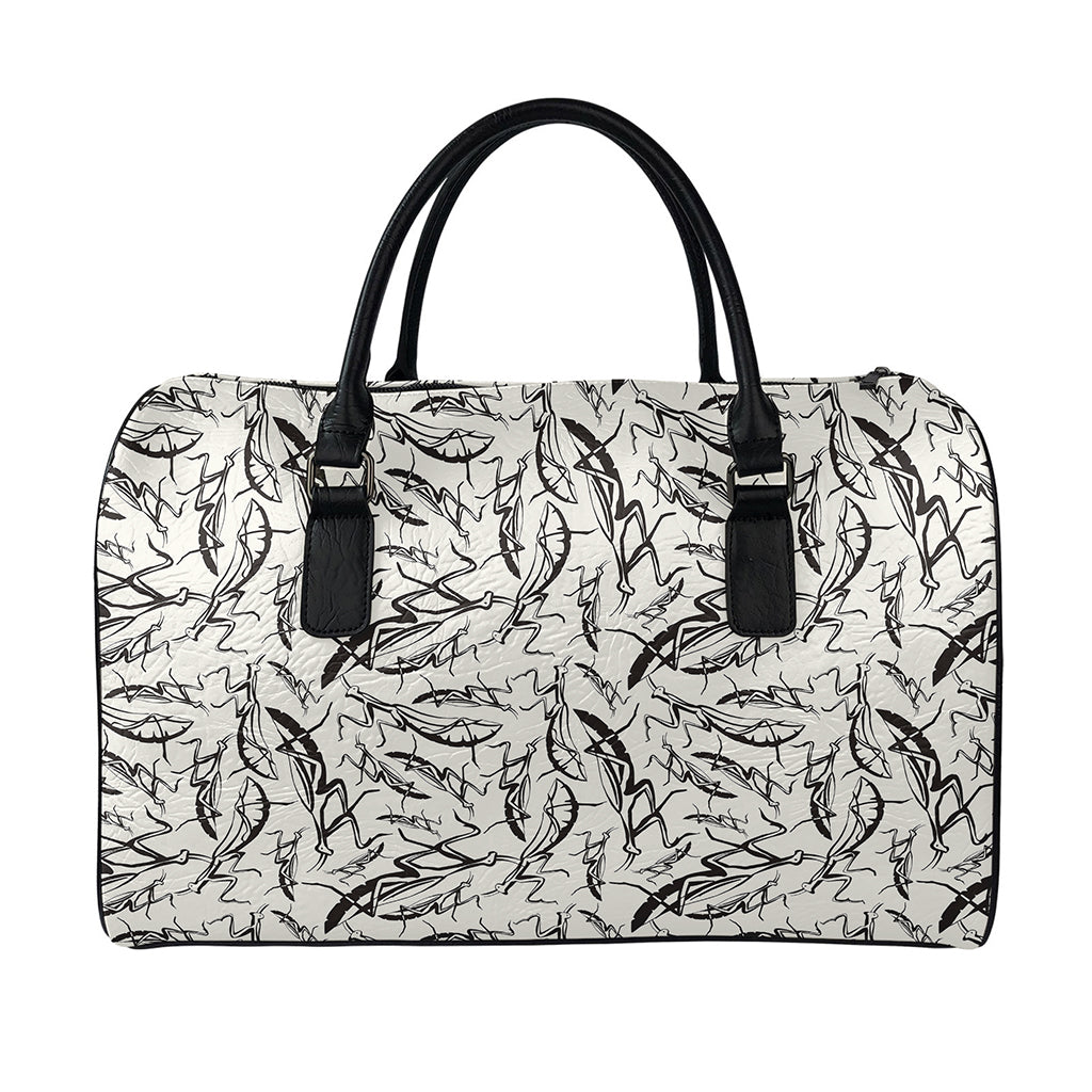 Hand Drawn Mantis Pattern Print Leather Duffle Bag