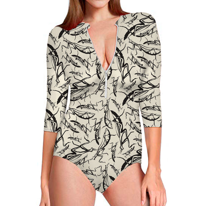 Hand Drawn Mantis Pattern Print Long Sleeve Swimsuit