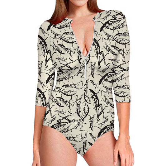 Hand Drawn Mantis Pattern Print Long Sleeve Swimsuit