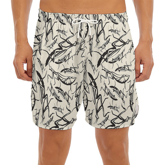 Hand Drawn Mantis Pattern Print Men's Split Running Shorts