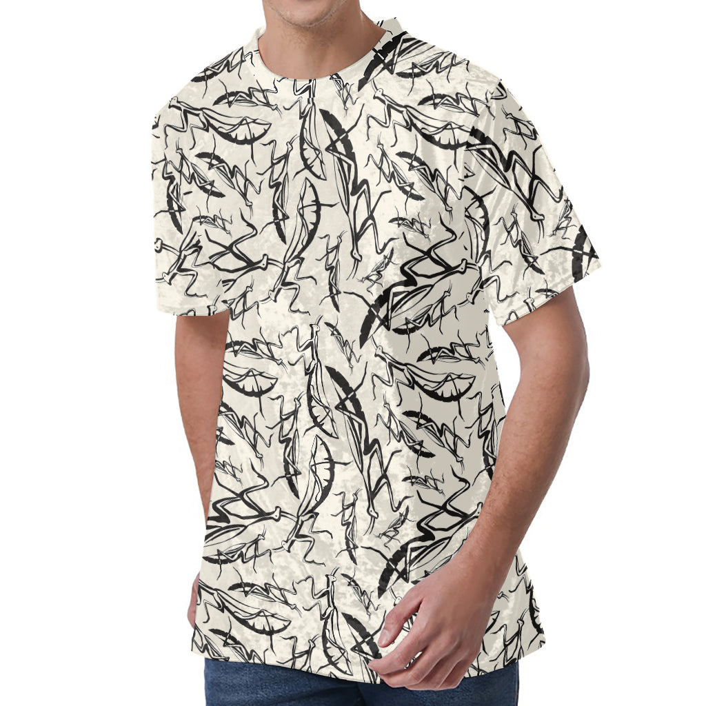 Hand Drawn Mantis Pattern Print Men's Velvet T-Shirt