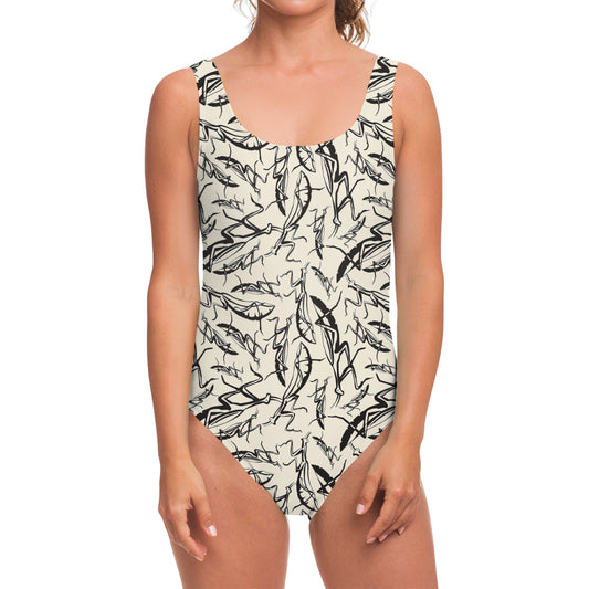 Hand Drawn Mantis Pattern Print One Piece Swimsuit