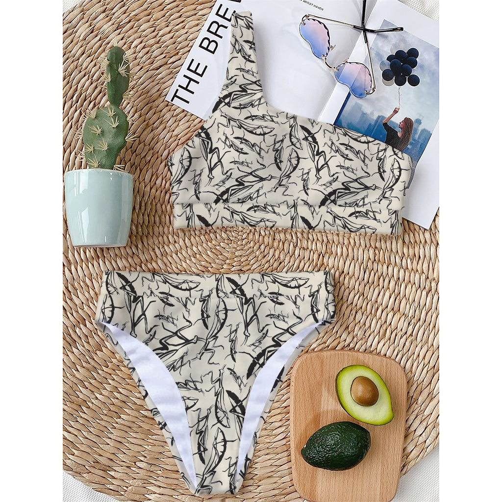 Hand Drawn Mantis Pattern Print One Shoulder Bikini Top