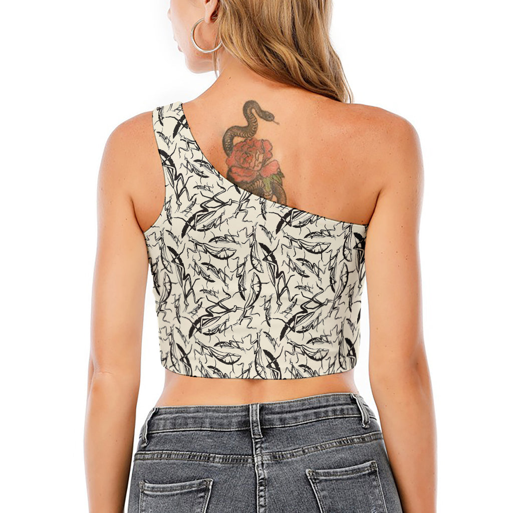 Hand Drawn Mantis Pattern Print One Shoulder Crop Top