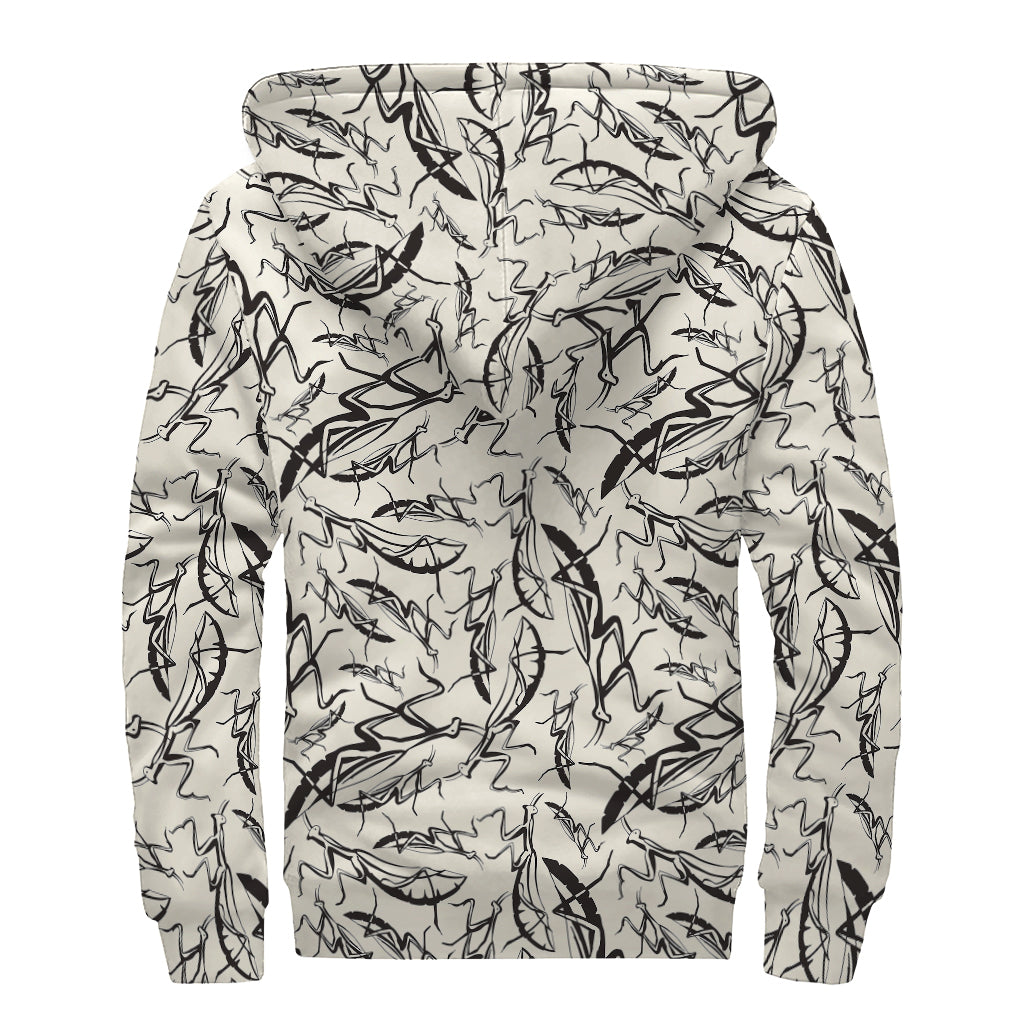 Hand Drawn Mantis Pattern Print Sherpa Lined Zip Up Hoodie