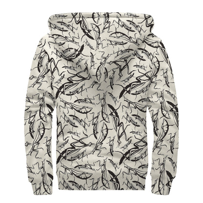 Hand Drawn Mantis Pattern Print Sherpa Lined Zip Up Hoodie
