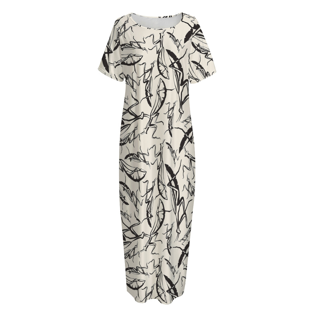 Hand Drawn Mantis Pattern Print Short Sleeve Long Nightdress