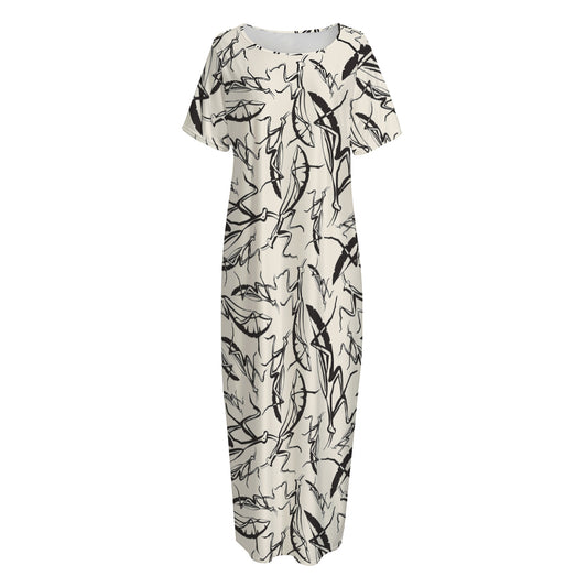 Hand Drawn Mantis Pattern Print Short Sleeve Long Nightdress